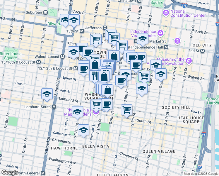 map of restaurants, bars, coffee shops, grocery stores, and more near 918-20 Spruce Street in Philadelphia
