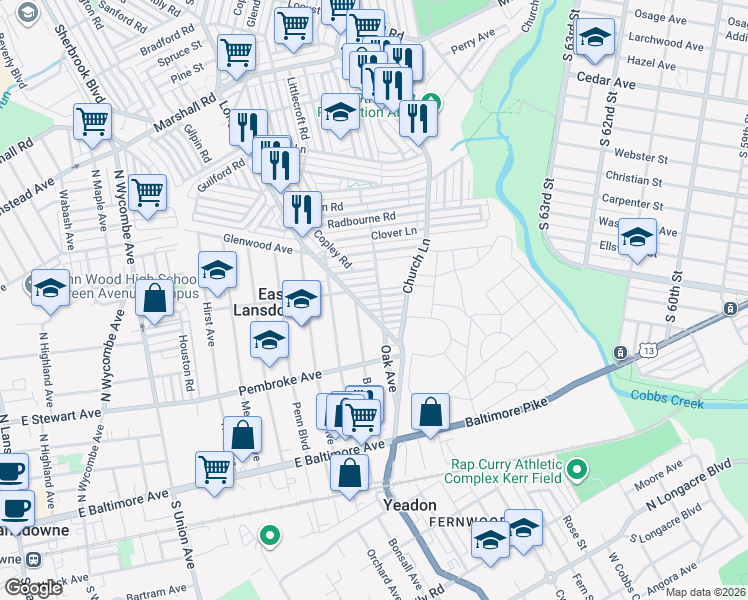 map of restaurants, bars, coffee shops, grocery stores, and more near 747 Crosley Avenue in Delaware County