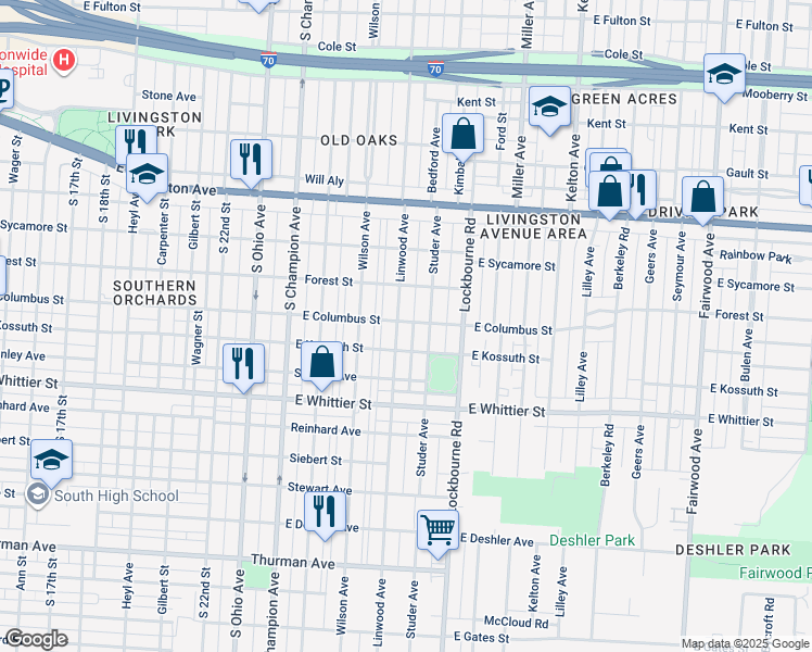 map of restaurants, bars, coffee shops, grocery stores, and more near 945 Studer Avenue in Columbus