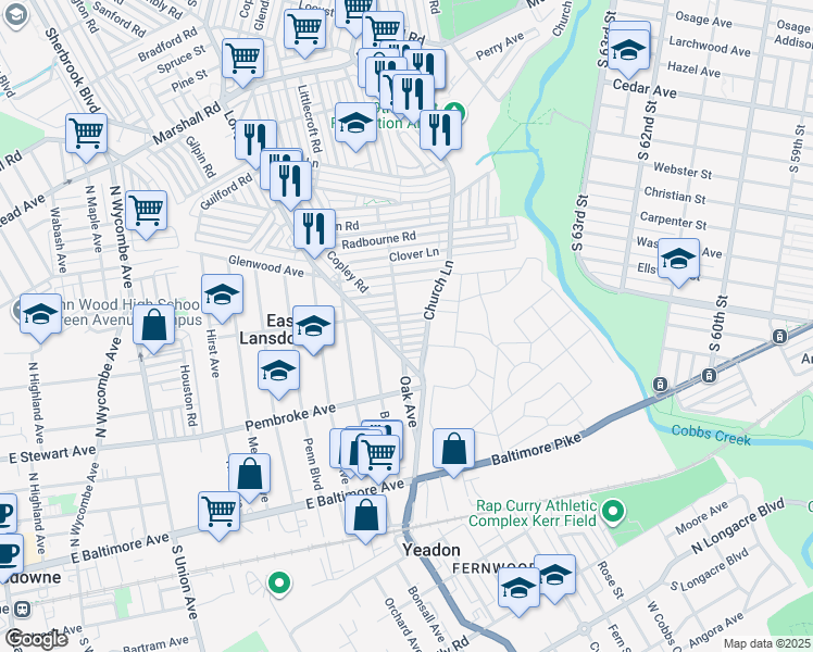 map of restaurants, bars, coffee shops, grocery stores, and more near 747 Crosley Avenue in Delaware County
