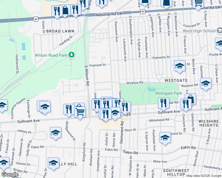 map of restaurants, bars, coffee shops, grocery stores, and more near Westway Drive in Columbus