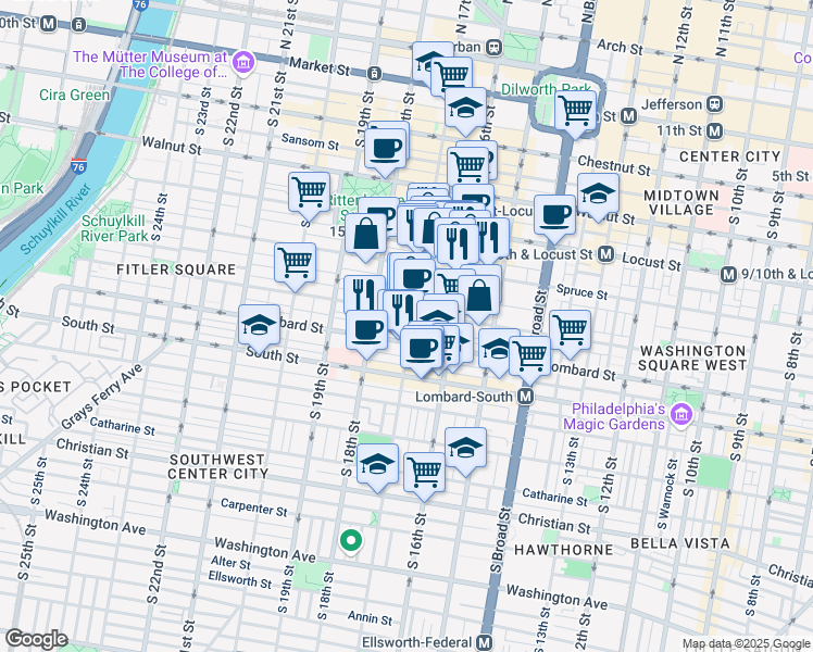 map of restaurants, bars, coffee shops, grocery stores, and more near 1703 Addison Street in Philadelphia