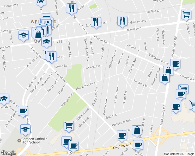 map of restaurants, bars, coffee shops, grocery stores, and more near 323 Saint James Avenue in Cherry Hill