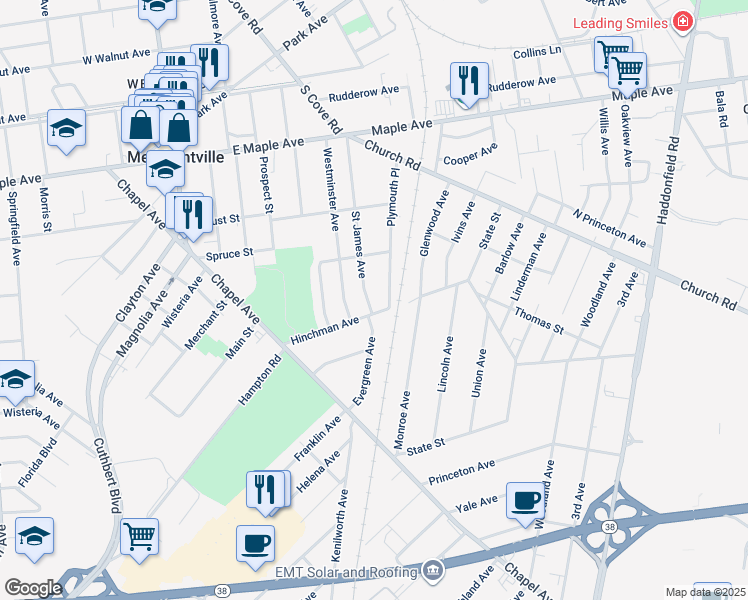 map of restaurants, bars, coffee shops, grocery stores, and more near 323 Saint James Avenue in Cherry Hill