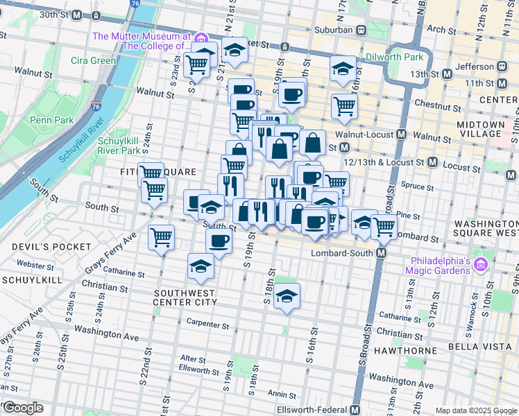 map of restaurants, bars, coffee shops, grocery stores, and more near 1839 Lombard Street in Philadelphia