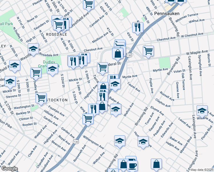 map of restaurants, bars, coffee shops, grocery stores, and more near 3905 Terrace Avenue in Pennsauken Township