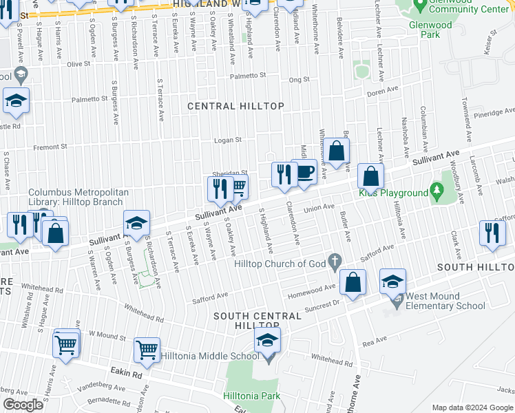 map of restaurants, bars, coffee shops, grocery stores, and more near 2301 Sullivant Avenue in Columbus