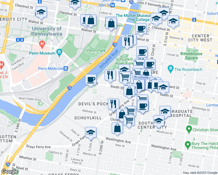 map of restaurants, bars, coffee shops, grocery stores, and more near 2624 South Street in Philadelphia