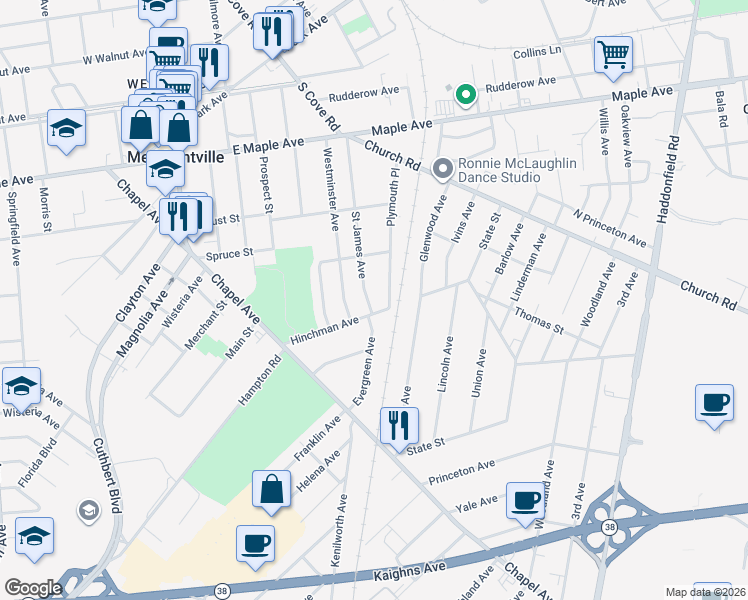 map of restaurants, bars, coffee shops, grocery stores, and more near 311 Saint James Avenue in Merchantville