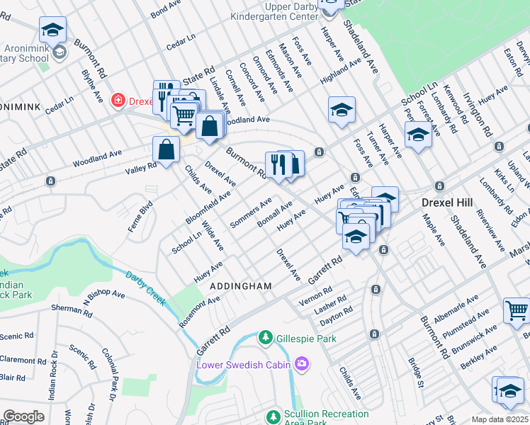 map of restaurants, bars, coffee shops, grocery stores, and more near 4027 Bonsall Avenue in Drexel Hill