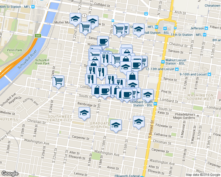 map of restaurants, bars, coffee shops, grocery stores, and more near 1808 Addison Street in Philadelphia