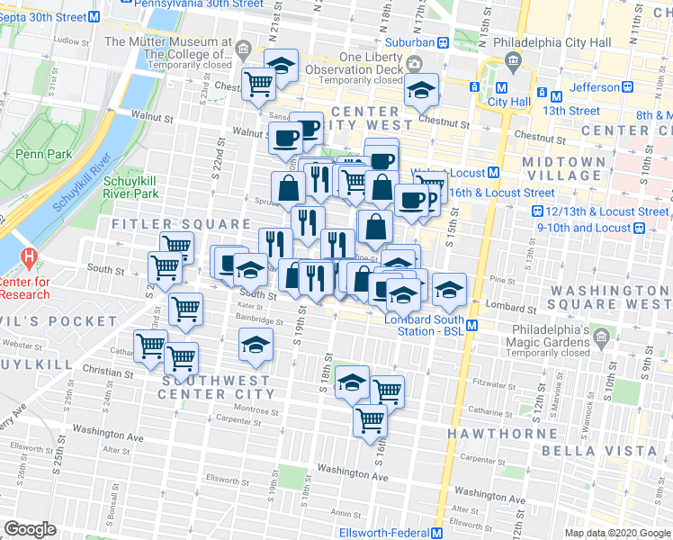 map of restaurants, bars, coffee shops, grocery stores, and more near 1808 Addison Street in Philadelphia