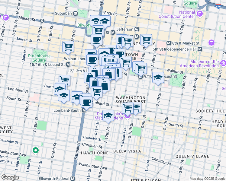 map of restaurants, bars, coffee shops, grocery stores, and more near 320 South 12th Street in Philadelphia