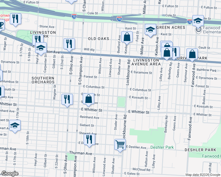 map of restaurants, bars, coffee shops, grocery stores, and more near 937 Linwood Avenue in Columbus