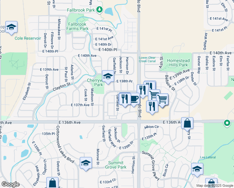map of restaurants, bars, coffee shops, grocery stores, and more near 13823 Jackson Street in Thornton