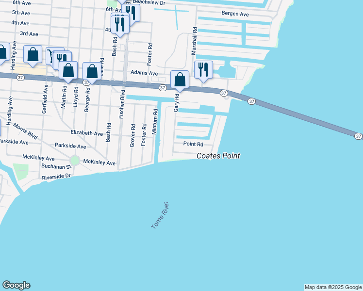 map of restaurants, bars, coffee shops, grocery stores, and more near 5 Venetian Court in Toms River