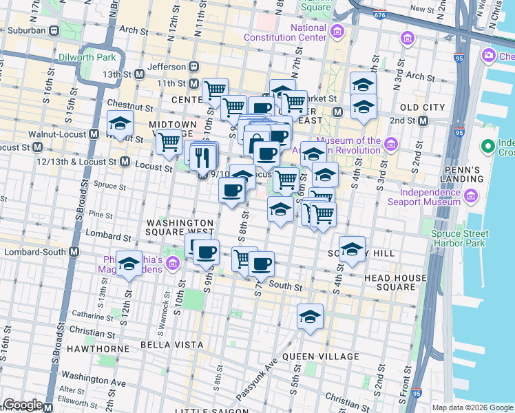 map of restaurants, bars, coffee shops, grocery stores, and more near 253 South 8th Street in Philadelphia