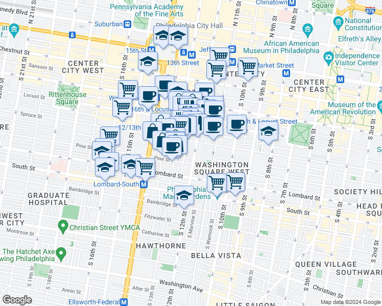 map of restaurants, bars, coffee shops, grocery stores, and more near in Philadelphia