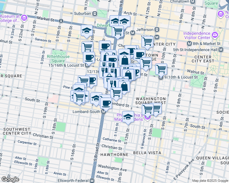 map of restaurants, bars, coffee shops, grocery stores, and more near 1321 Cypress Street in Philadelphia