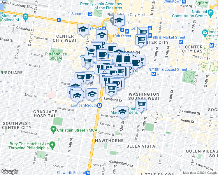map of restaurants, bars, coffee shops, grocery stores, and more near 1321 Cypress Street in Philadelphia