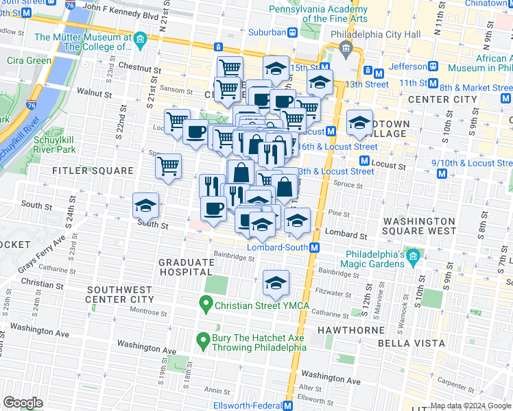 map of restaurants, bars, coffee shops, grocery stores, and more near 341 South 17th Street in Philadelphia