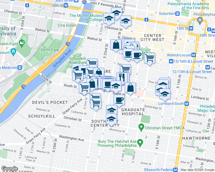 map of restaurants, bars, coffee shops, grocery stores, and more near 412 South 21st Street in Philadelphia