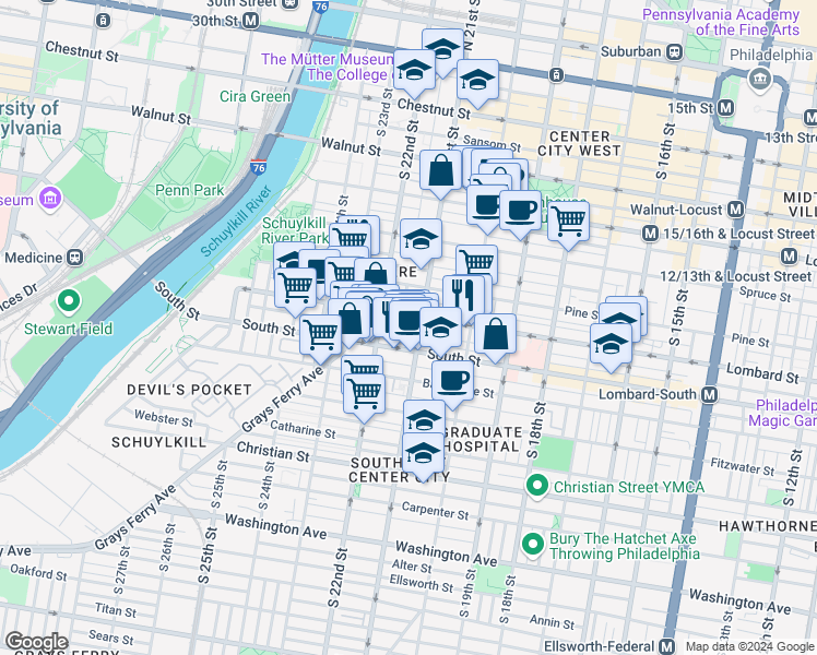 map of restaurants, bars, coffee shops, grocery stores, and more near 412 South 21st Street in Philadelphia