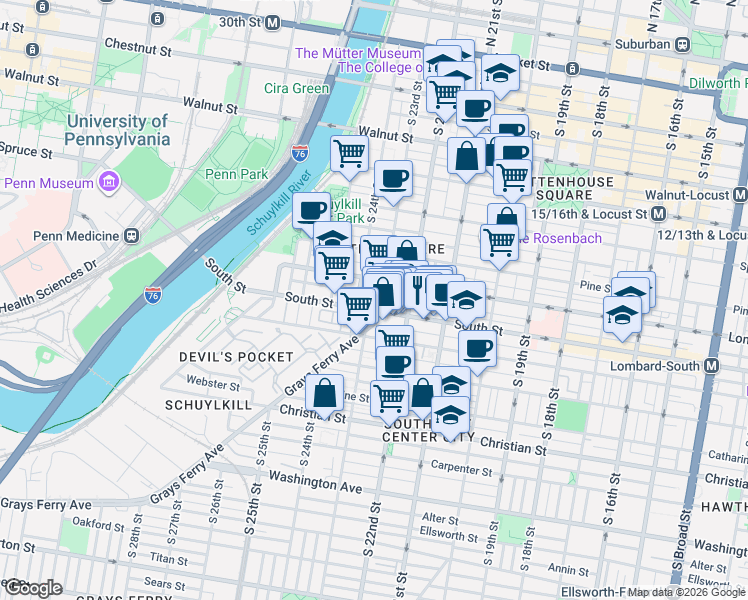 map of restaurants, bars, coffee shops, grocery stores, and more near 402 South 23rd Street in Philadelphia