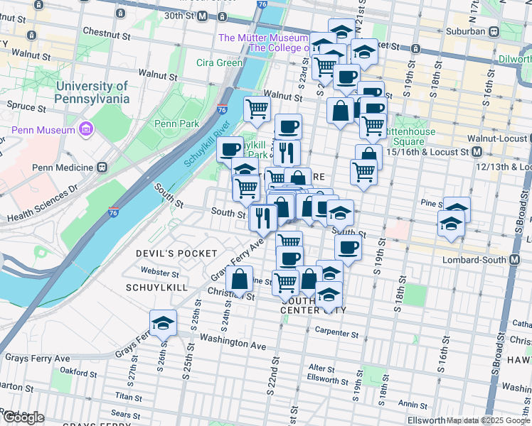 map of restaurants, bars, coffee shops, grocery stores, and more near 402 South 23rd Street in Philadelphia