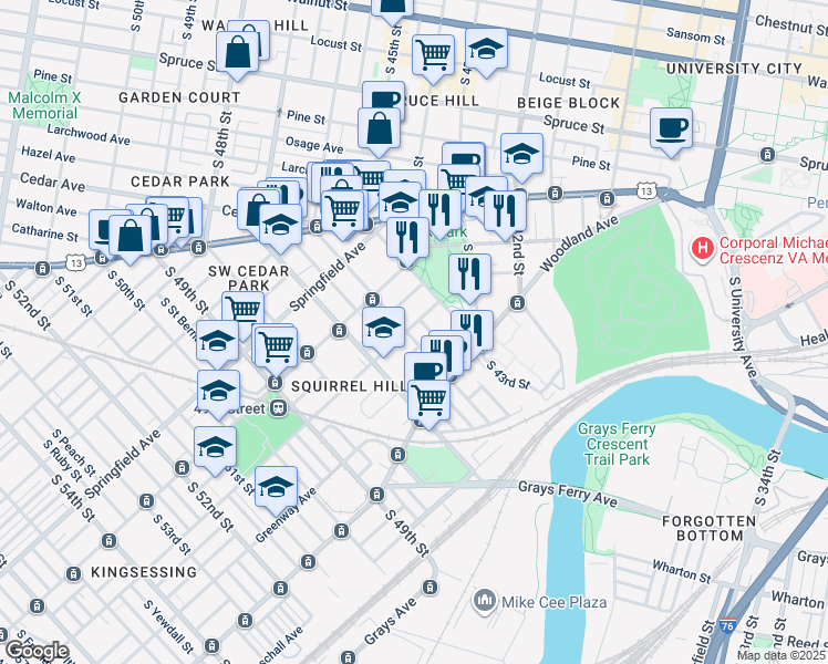 map of restaurants, bars, coffee shops, grocery stores, and more near 4534 Regent Street in Philadelphia