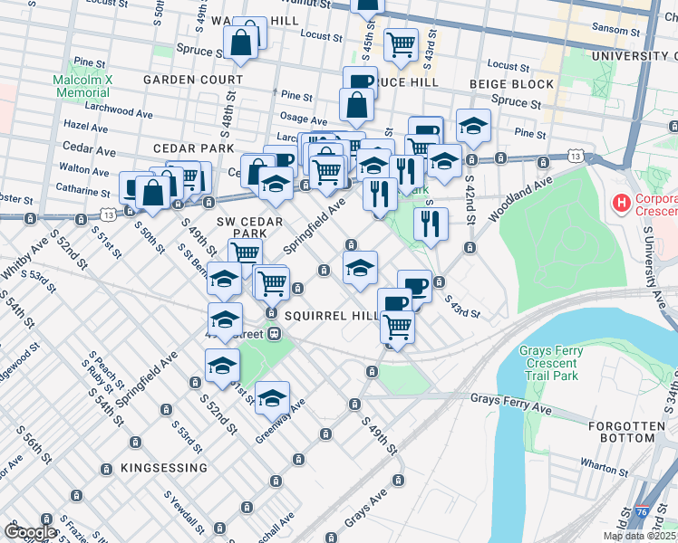 map of restaurants, bars, coffee shops, grocery stores, and more near 4610 Chester Avenue in Philadelphia