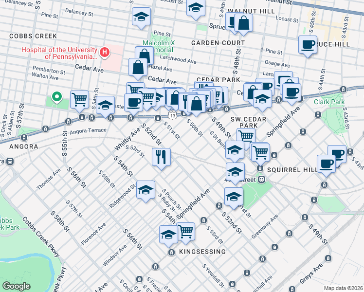 map of restaurants, bars, coffee shops, grocery stores, and more near 819 South 51st Street in Philadelphia