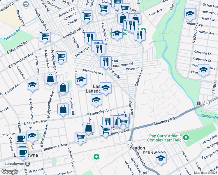 map of restaurants, bars, coffee shops, grocery stores, and more near 217 Lewis Avenue in East Lansdowne