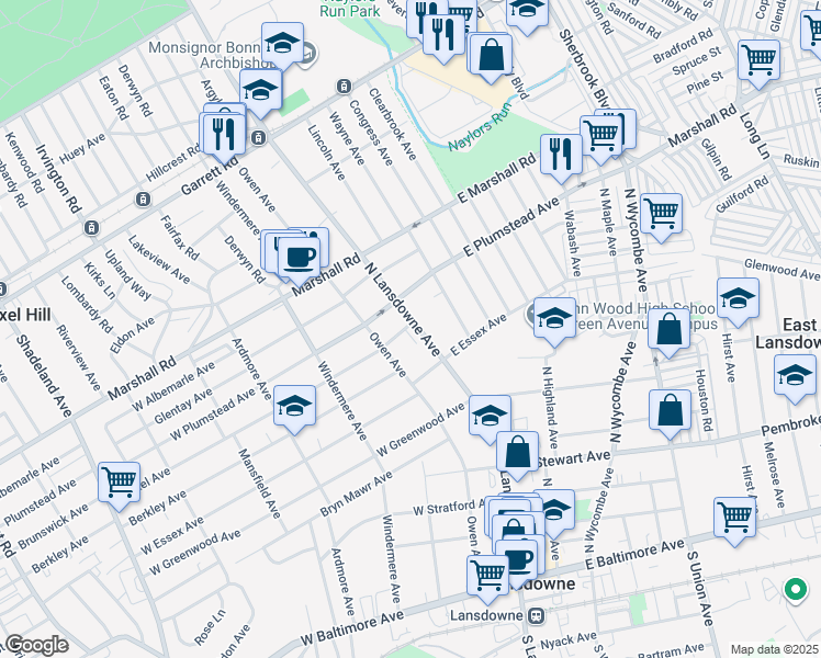 map of restaurants, bars, coffee shops, grocery stores, and more near 231 North Lansdowne Avenue in Lansdowne