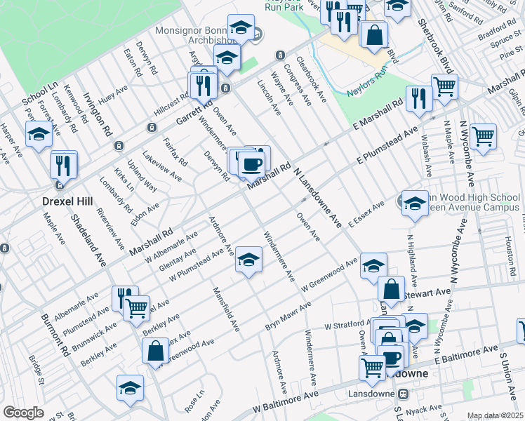 map of restaurants, bars, coffee shops, grocery stores, and more near 53 West Albemarle Avenue in Lansdowne