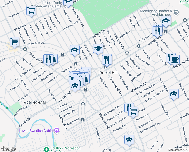 map of restaurants, bars, coffee shops, grocery stores, and more near 3245 Garrett Road in Drexel Hill