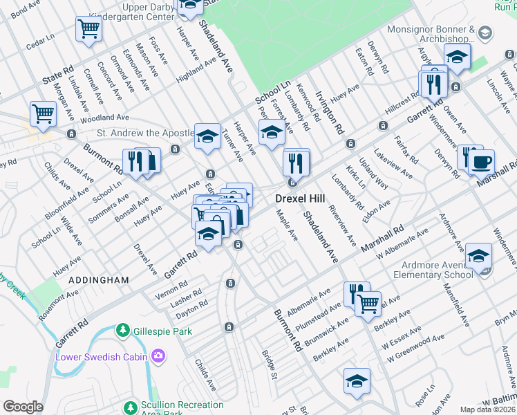 map of restaurants, bars, coffee shops, grocery stores, and more near 3245 Garrett Road in Drexel Hill