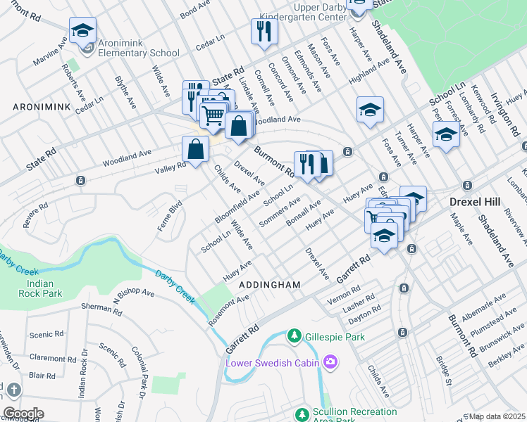 map of restaurants, bars, coffee shops, grocery stores, and more near 515 Drexel Avenue in Drexel Hill