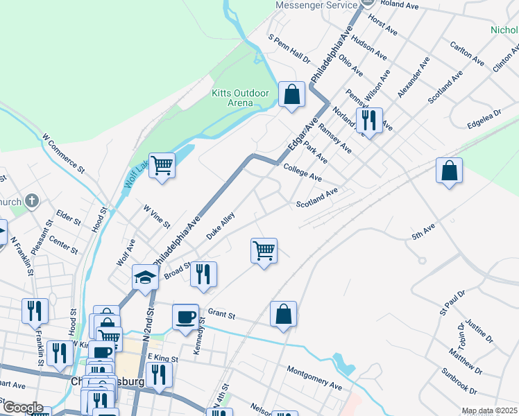 map of restaurants, bars, coffee shops, grocery stores, and more near 135 Riddle Road in Chambersburg
