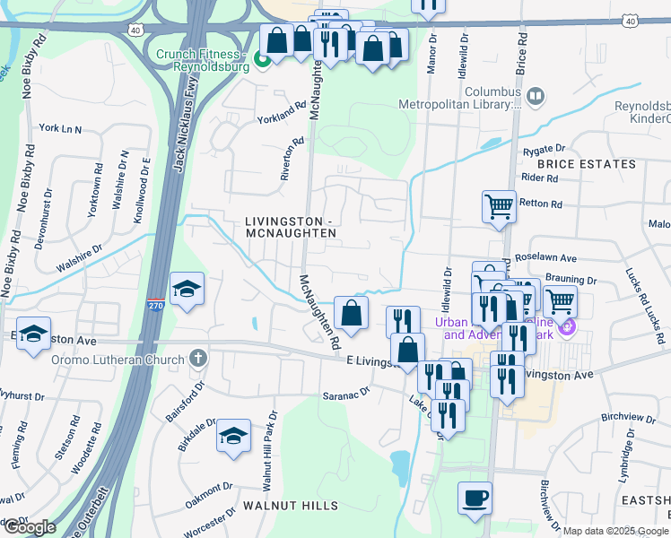 map of restaurants, bars, coffee shops, grocery stores, and more near 5890 Shana Drive in Columbus