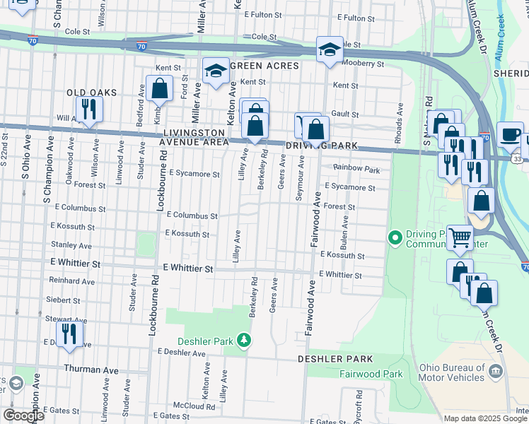 map of restaurants, bars, coffee shops, grocery stores, and more near 1478 Forest Street in Columbus