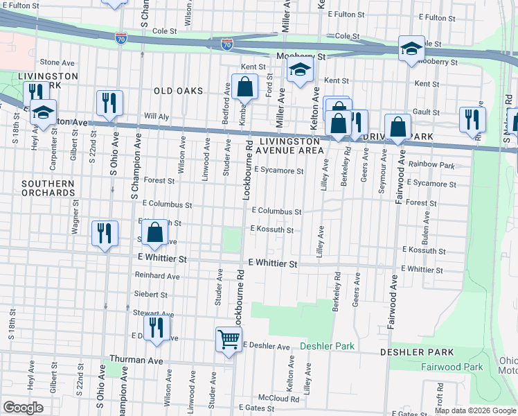 map of restaurants, bars, coffee shops, grocery stores, and more near 962 Miller Avenue in Columbus