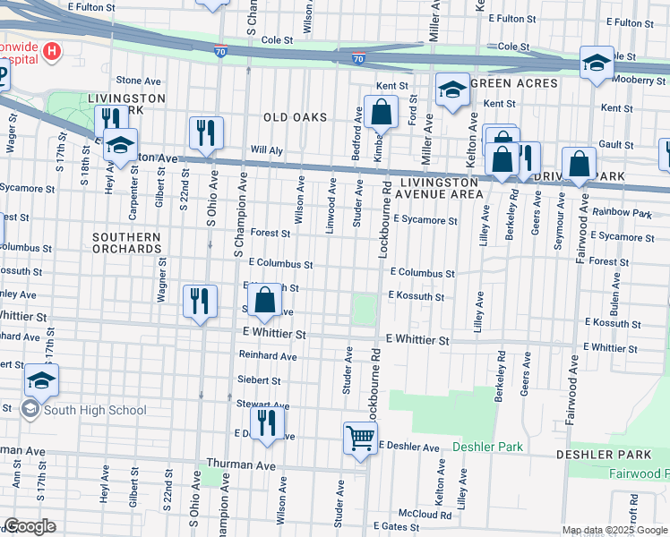 map of restaurants, bars, coffee shops, grocery stores, and more near 945 Studer Avenue in Columbus