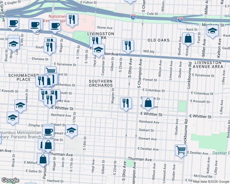 map of restaurants, bars, coffee shops, grocery stores, and more near 896 Gilbert Street in Columbus