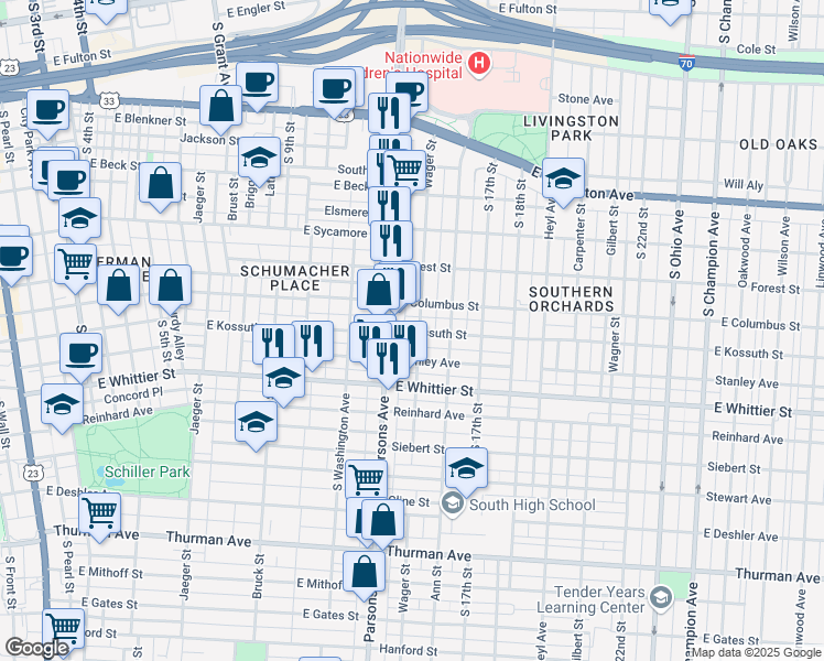 map of restaurants, bars, coffee shops, grocery stores, and more near 595 East Columbus Street in Columbus