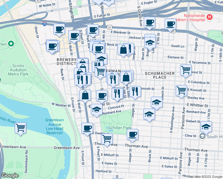 map of restaurants, bars, coffee shops, grocery stores, and more near 787 Mohawk Street in Columbus