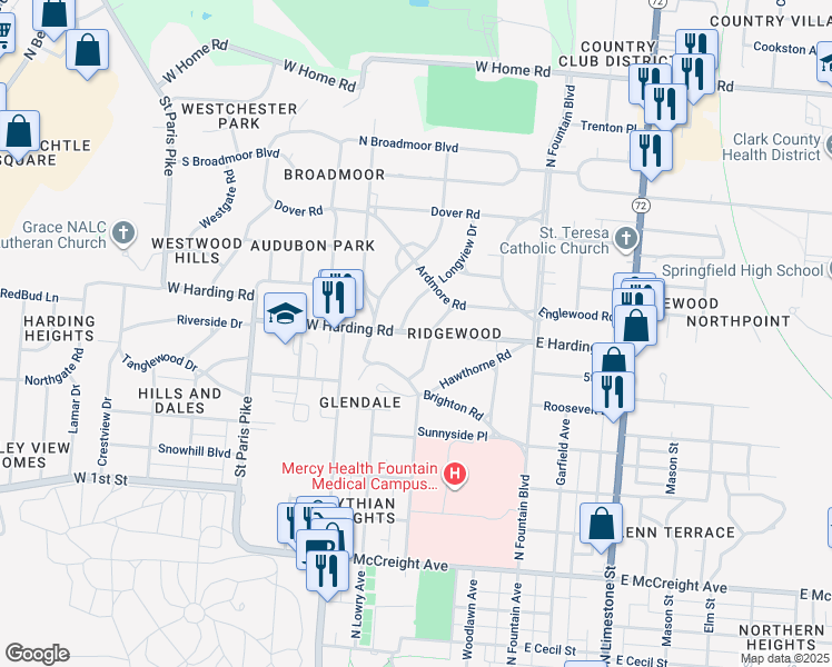 map of restaurants, bars, coffee shops, grocery stores, and more near 1719 Midvale Road in Springfield