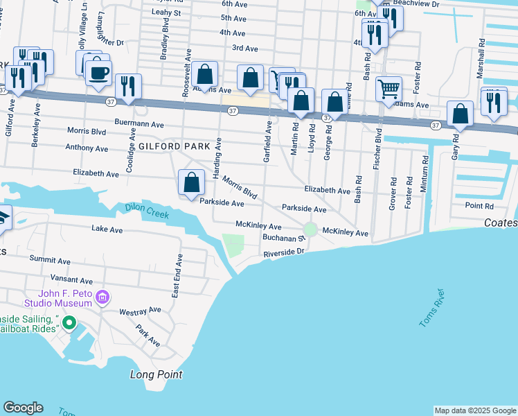 map of restaurants, bars, coffee shops, grocery stores, and more near 638 Parkside Avenue in Toms River