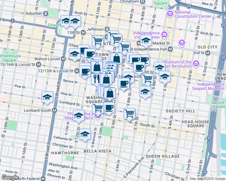 map of restaurants, bars, coffee shops, grocery stores, and more near 916 Spruce Street in Philadelphia