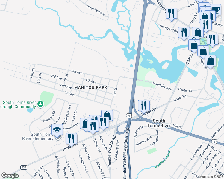 map of restaurants, bars, coffee shops, grocery stores, and more near 54 1st Street in Toms River